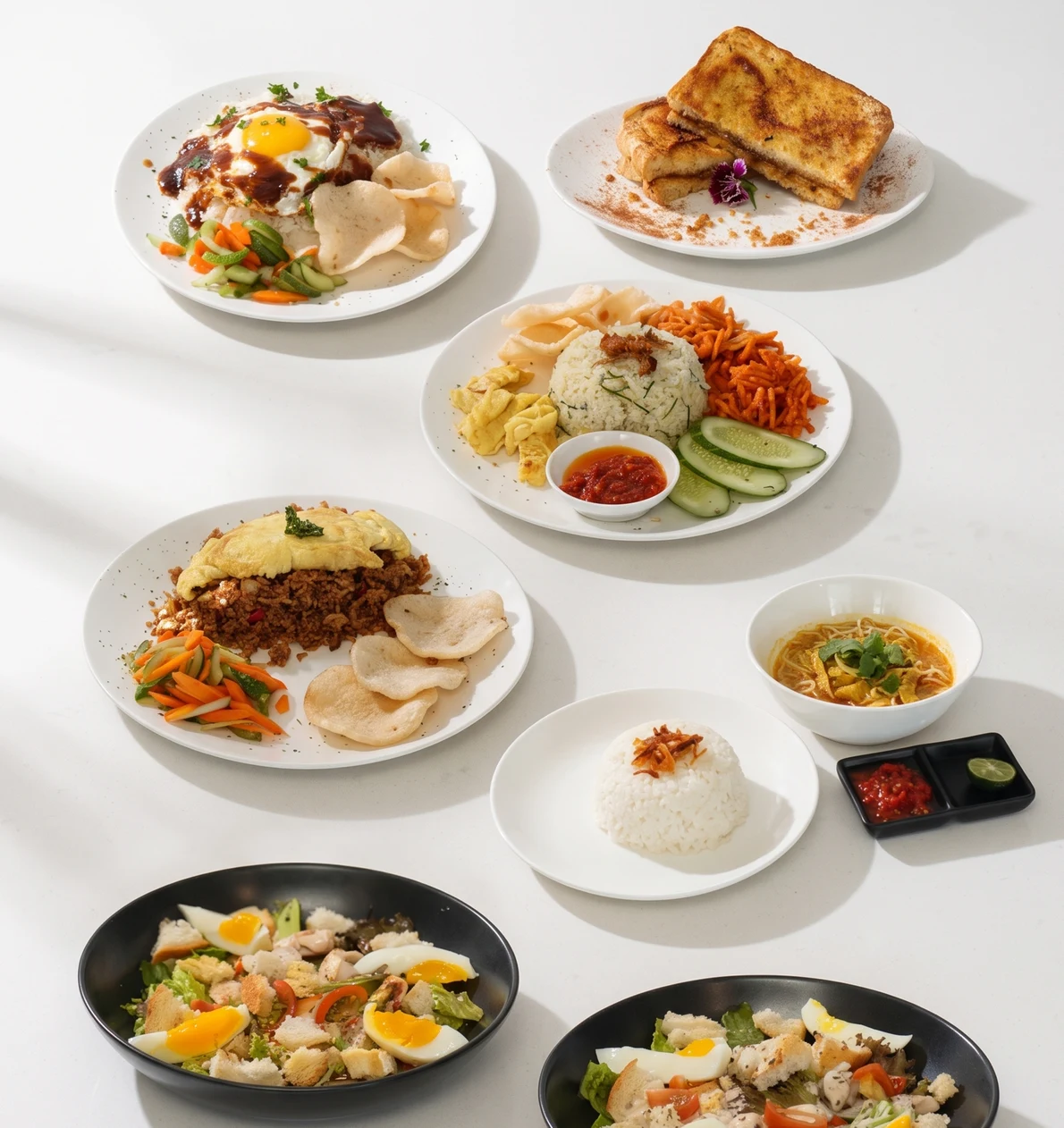Pilihan menu SAPA: nasi, roti bakar, dan salad ayam Talkie Space